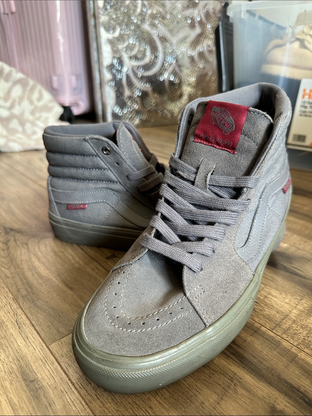 Vans Men’s Mid-Top Suede Sneakers in Gray with Maroon Logo